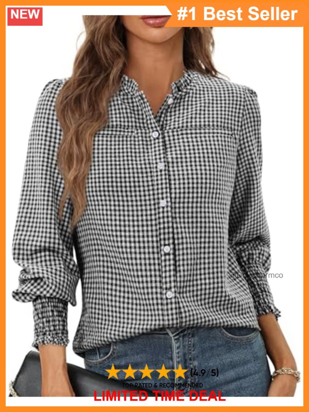 Gingham Button Down Shirt Ruffled Collar Plaid Top